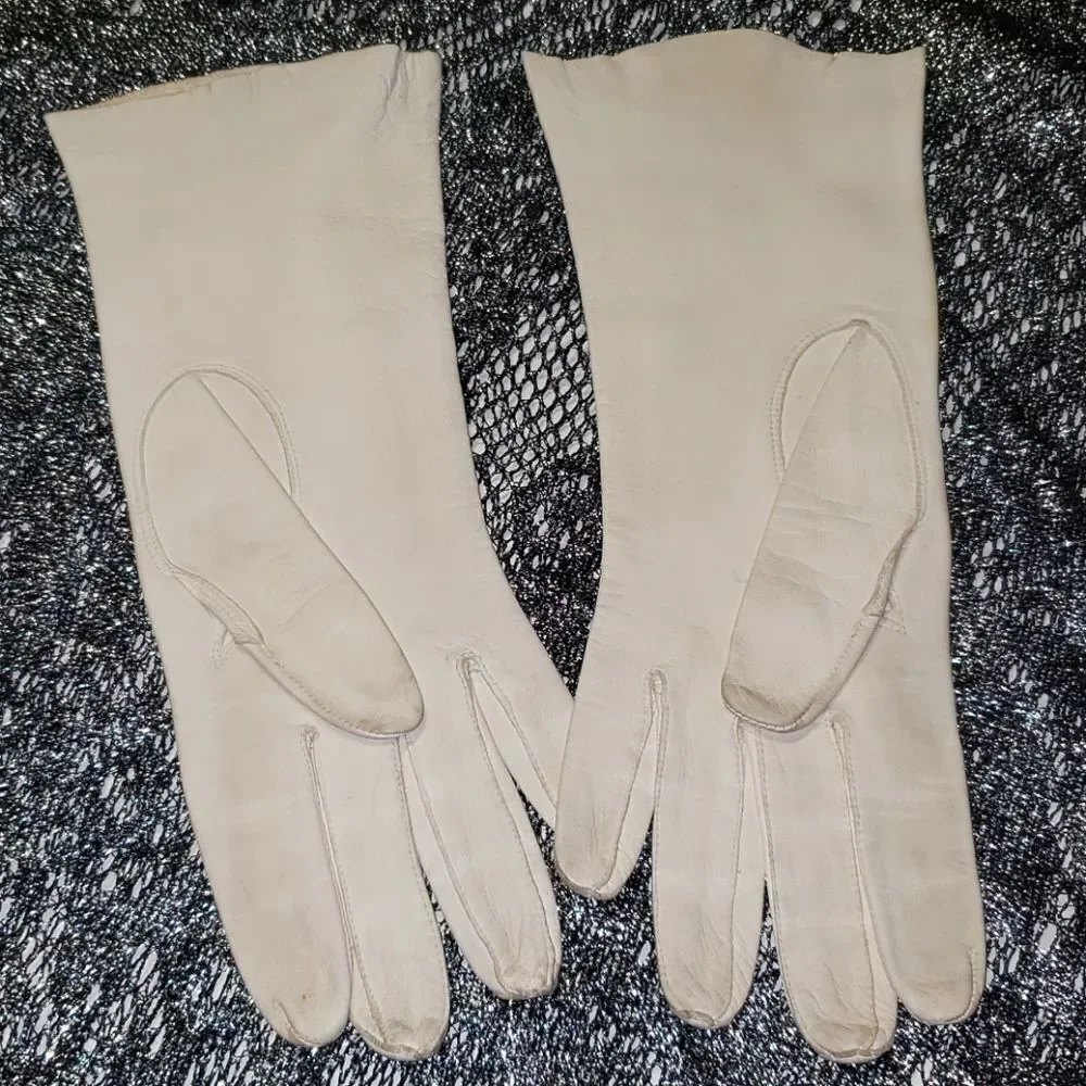 VNTG White Suede Leather Rhinestone Gloves